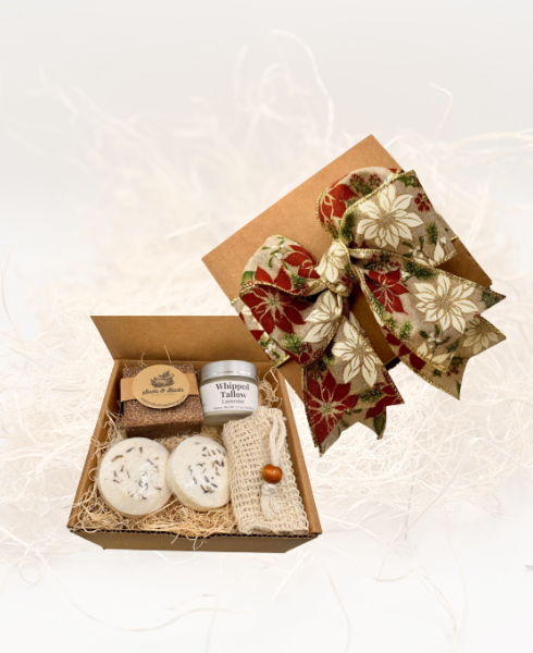 Glow & Go Lavender Self-Care Set gift box – includes Lavender Dreams Spa Bar, Lavender Tallow Balm, shower steamers & organic soap saver bag for soothing self-care ritual