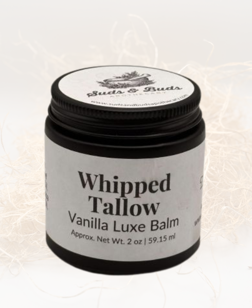 Vanilla Luxe Whipped Tallow Balm jar – grass-fed tallow with natural vanilla bean scent for dry cracked hands and lasting hydration