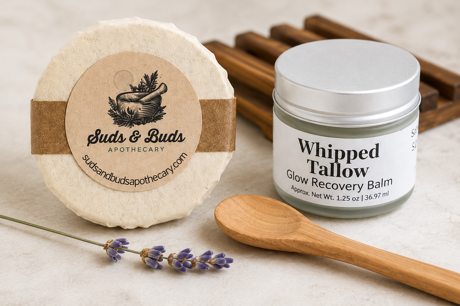 Facial soap and Whipped Tallow Glow Recovery Balm with wooden spoon and soap dish from the Glow Collection gift set