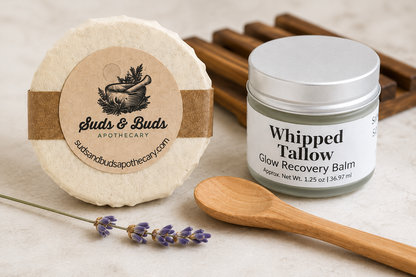 Facial soap and Whipped Tallow Glow Recovery Balm with wooden spoon and soap dish from the Glow Collection gift set