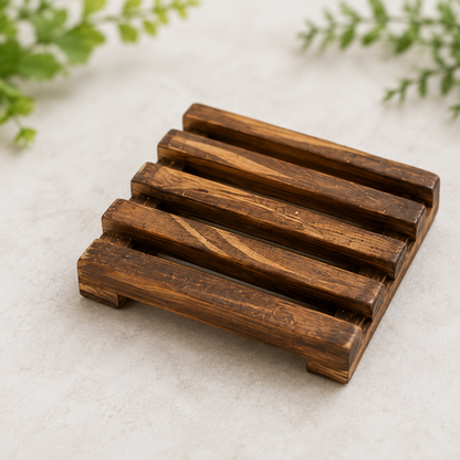 Rustic natural wooden soap dish included with the Glow Collection skincare gift set
