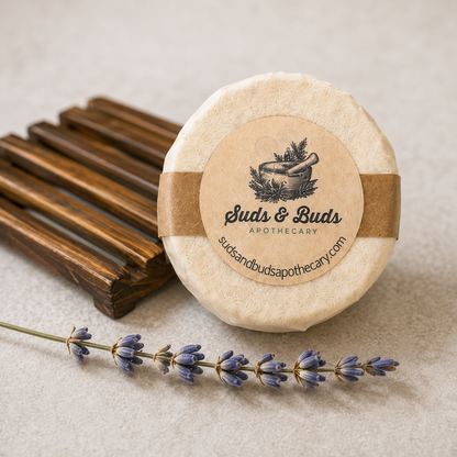 Handcrafted Pure Radiance facial soap with wooden soap dish and lavender sprig