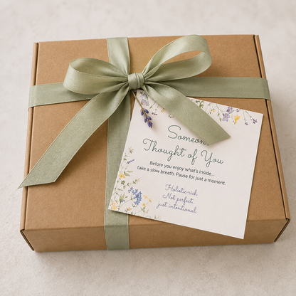 Kraft Pure Radiance skincare gift box tied with sage ribbon and Someone Thought of You gift card