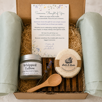 Pure Radiance skincare gift collection with charcoal facial soap, Glow Tallow Balm, wooden soap dish, wooden spoon and Someone Thought of You card in a kraft gift box