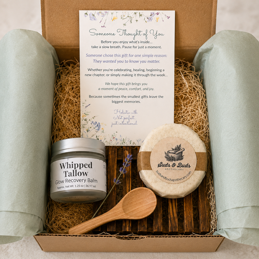 Pure Radiance skincare gift collection with charcoal facial soap, Glow Tallow Balm, wooden soap dish, wooden spoon and Someone Thought of You card in a kraft gift box