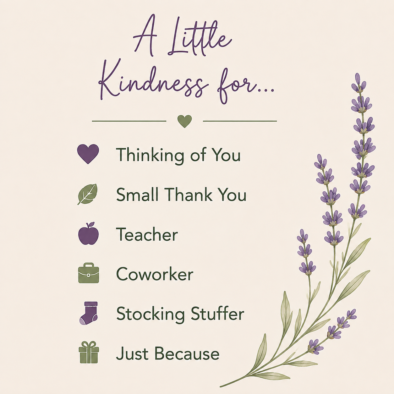 Gift occasion guide for the Shower Reset Gift Set including thinking of you, small thank you, teacher, coworker, stocking stuffer, and just because gifts.