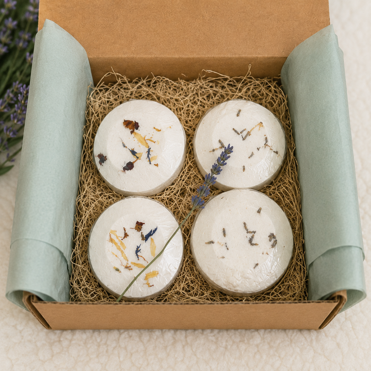 Open kraft gift box containing four handcrafted aromatherapy shower steamers nestled in natural excelsior with sage tissue paper and a lavender sprig.