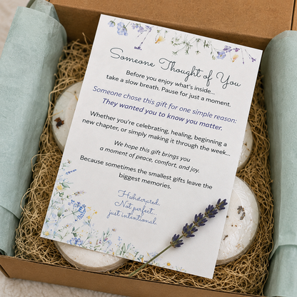 Someone Thought of You card displayed inside a Shower Reset Gift Set with handcrafted shower steamers, kraft gift box, natural excelsior, and sage tissue paper.