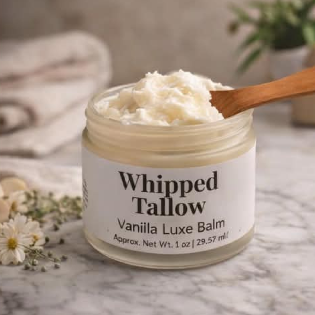 Vanilla Luxe Whipped Tallow Balm by Suds & Buds Apothecary, a small-batch tallow skincare balm made with vanilla bean-infused jojoba oil and botanical oils.