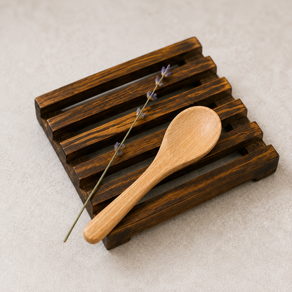 Natural wooden soap dish and wooden tallow spoon included in the Pure Radiance skincare gift collection