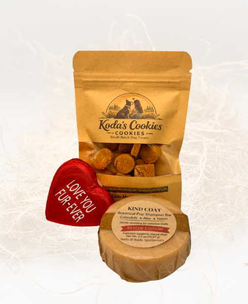 Clean Paws Support Set for CORR rescue dogs – includes Neem + Tallow Dog Soap, shower steamer, and Koda’s Cookies sample