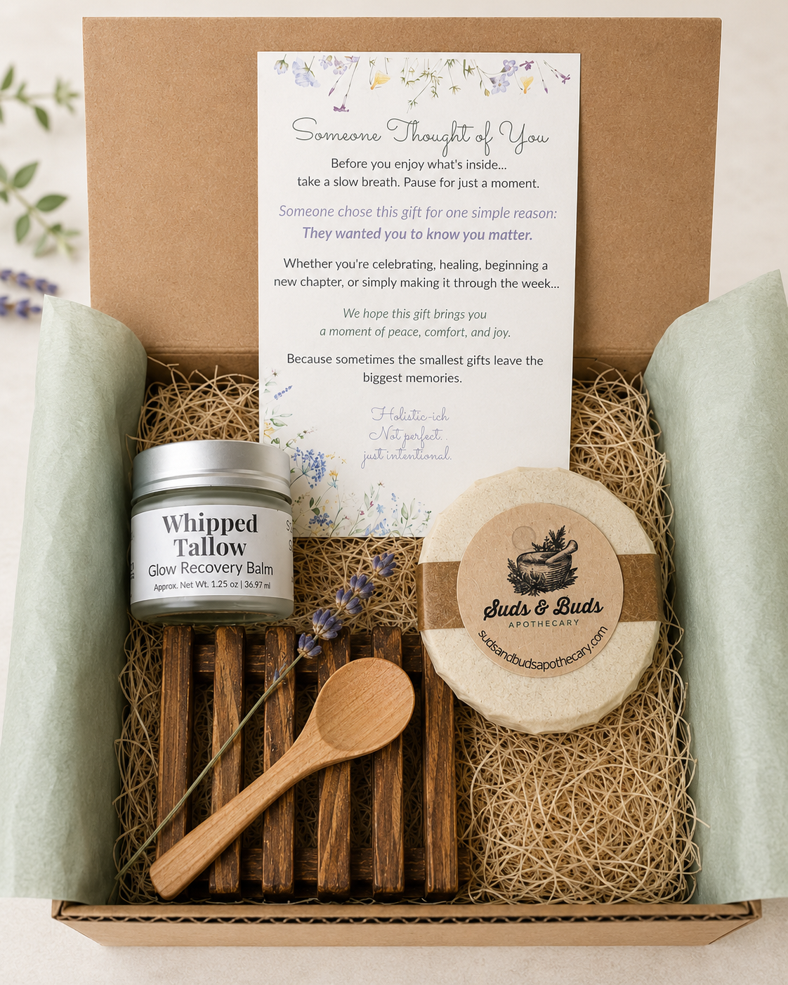 Glow Collection natural skincare gift box with facial soap, whipped tallow balm, wooden soap dish, wooden spoon and Someone Thought of You card