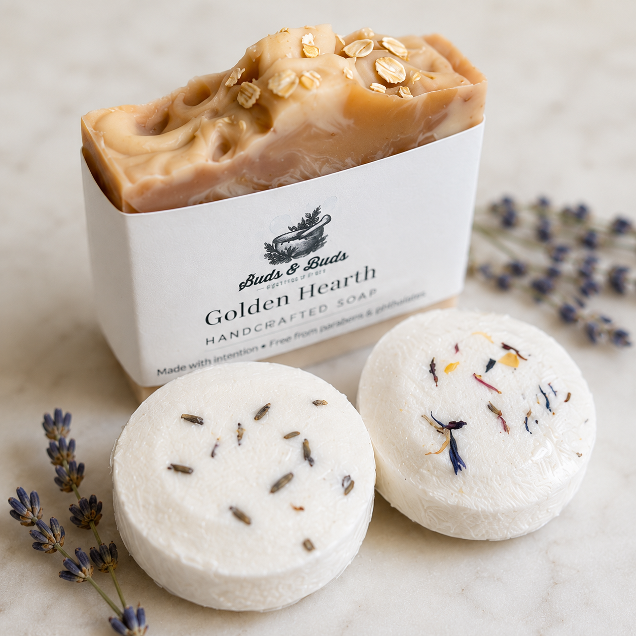 Golden Hearth handcrafted soap with lavender and Balance aromatherapy shower steamers from A Little Kindness Collection