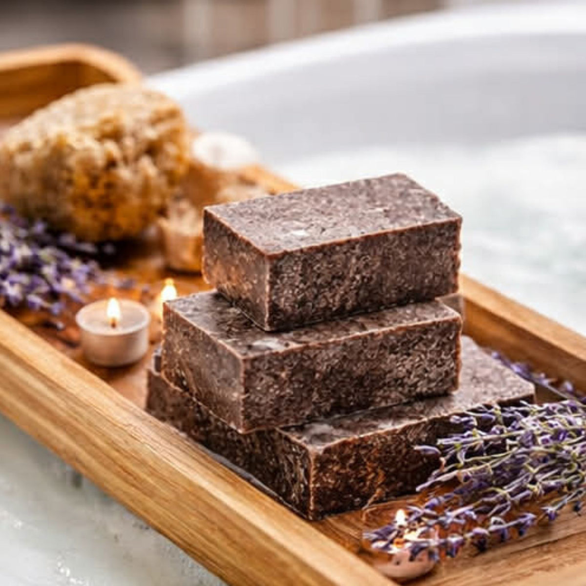 Close-up of Lavender Dreams artisan soap showing its handcrafted surface texture and finish.