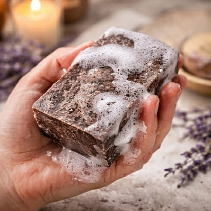 Lavender Dreams handmade soap arranged with lavender sprigs on a neutral background.