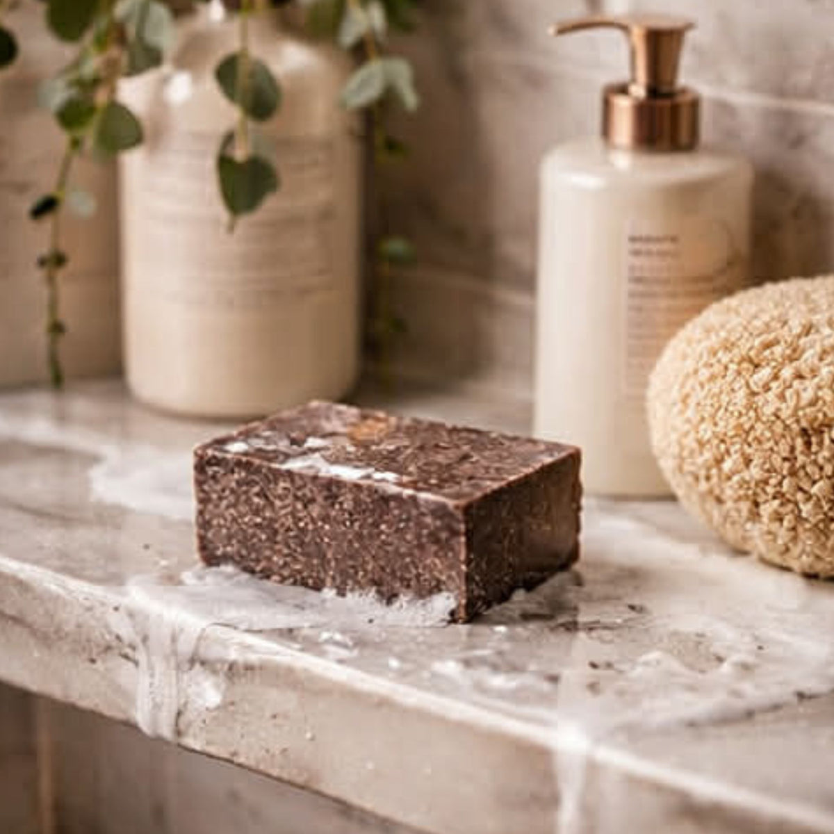 Lavender Dreams natural soap bar displayed with Suds & Buds Apothecary branded packaging.