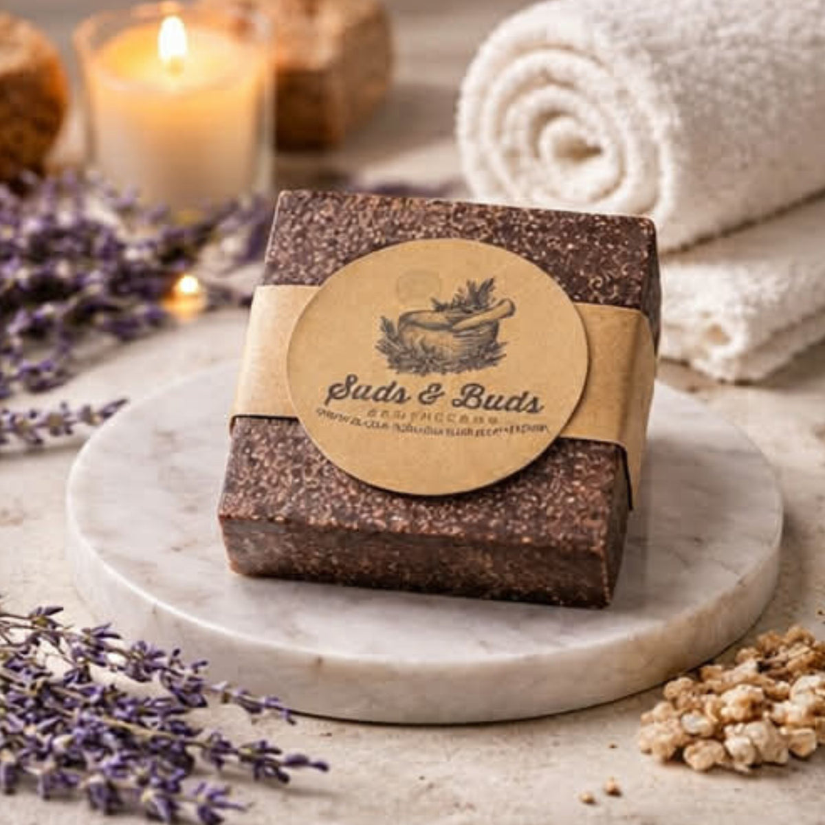 Lavender Dreams natural soap displayed beside a soft towel and botanical decorations for a bath ritual.