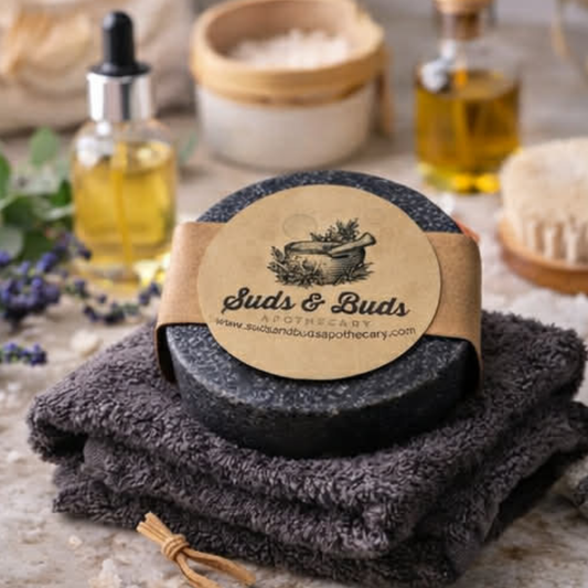 Pure Radiance activated charcoal facial soap bar by Suds & Buds Apothecary, handcrafted for daily facial cleansing.