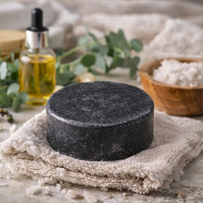 Close-up of Pure Radiance charcoal facial cleansing bar showing its dark color and handmade soap texture.