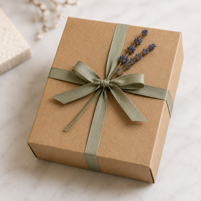 Kraft self care gift box tied with sage ribbon and lavender, ready to give for thinking of you, thank you or just because