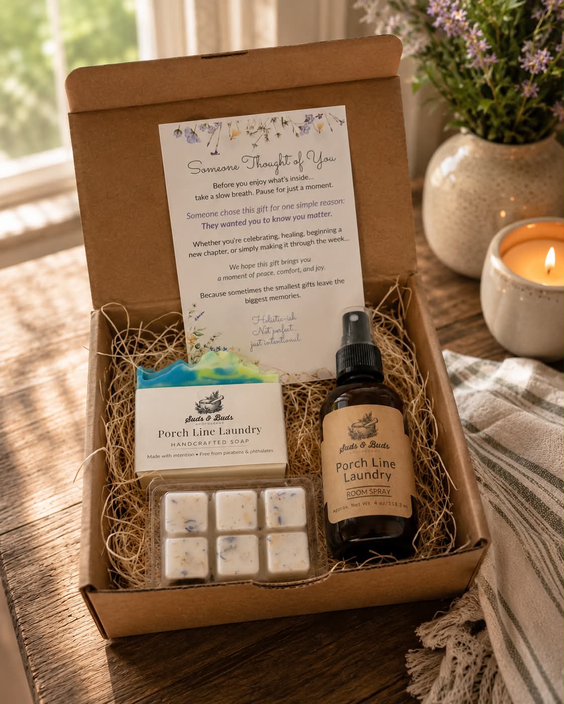 Fresh Home Gift Set with Porch Line Laundry handmade soap, room spray and wax melts in kraft gift box