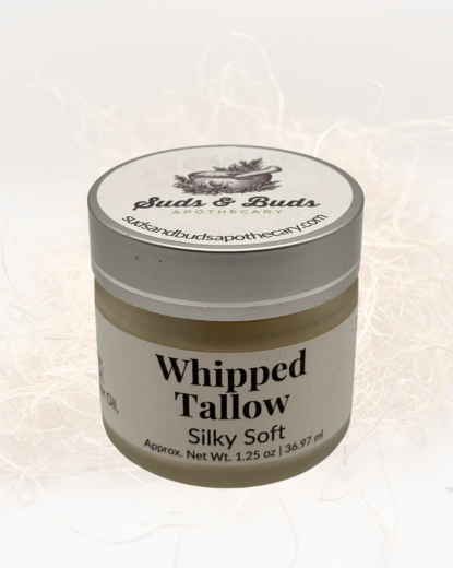 Silky Soft Whipped Tallow Balm jar – grass-fed tallow with jojoba, argan oils and soft floral-citrus scent for smooth hydrated skin