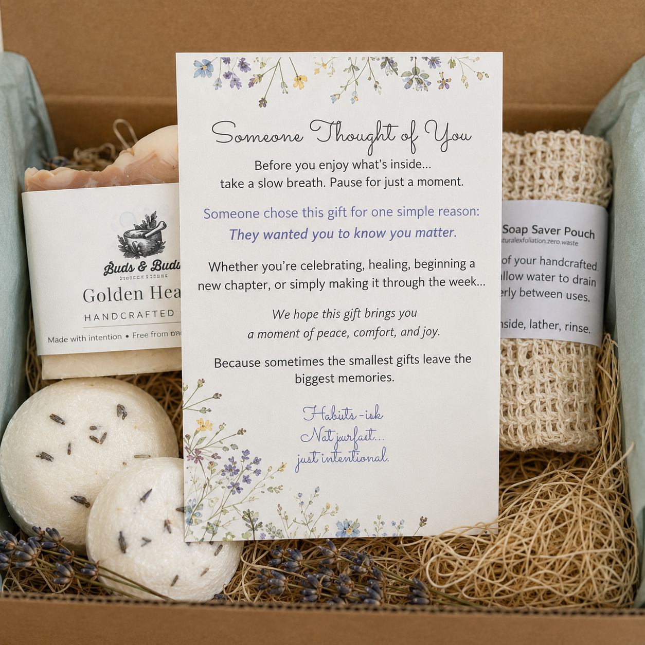 Someone Thought of You card displayed with handmade soap, shower steamers and soap saver inside a thoughtful gift box