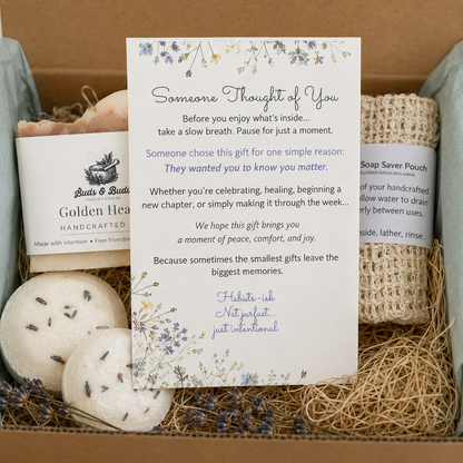 Someone Thought of You card displayed with handmade soap, shower steamers and soap saver inside a thoughtful gift box