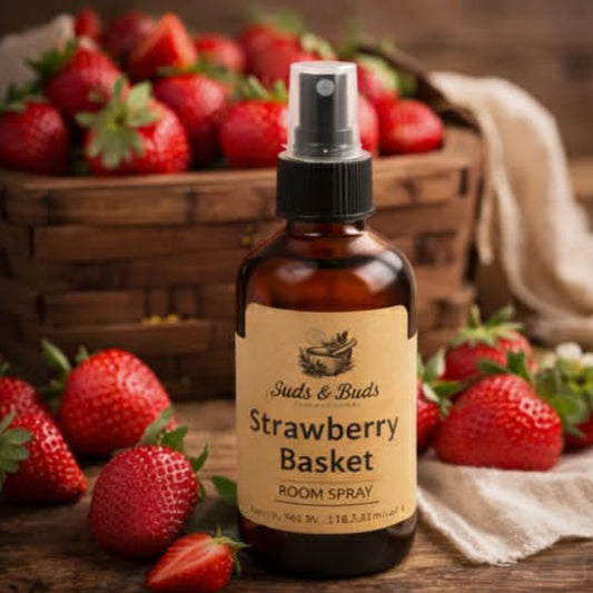 Strawberry Basket room spray from Suds & Buds Apothecary in a four-ounce amber fine-mist spray bottle.