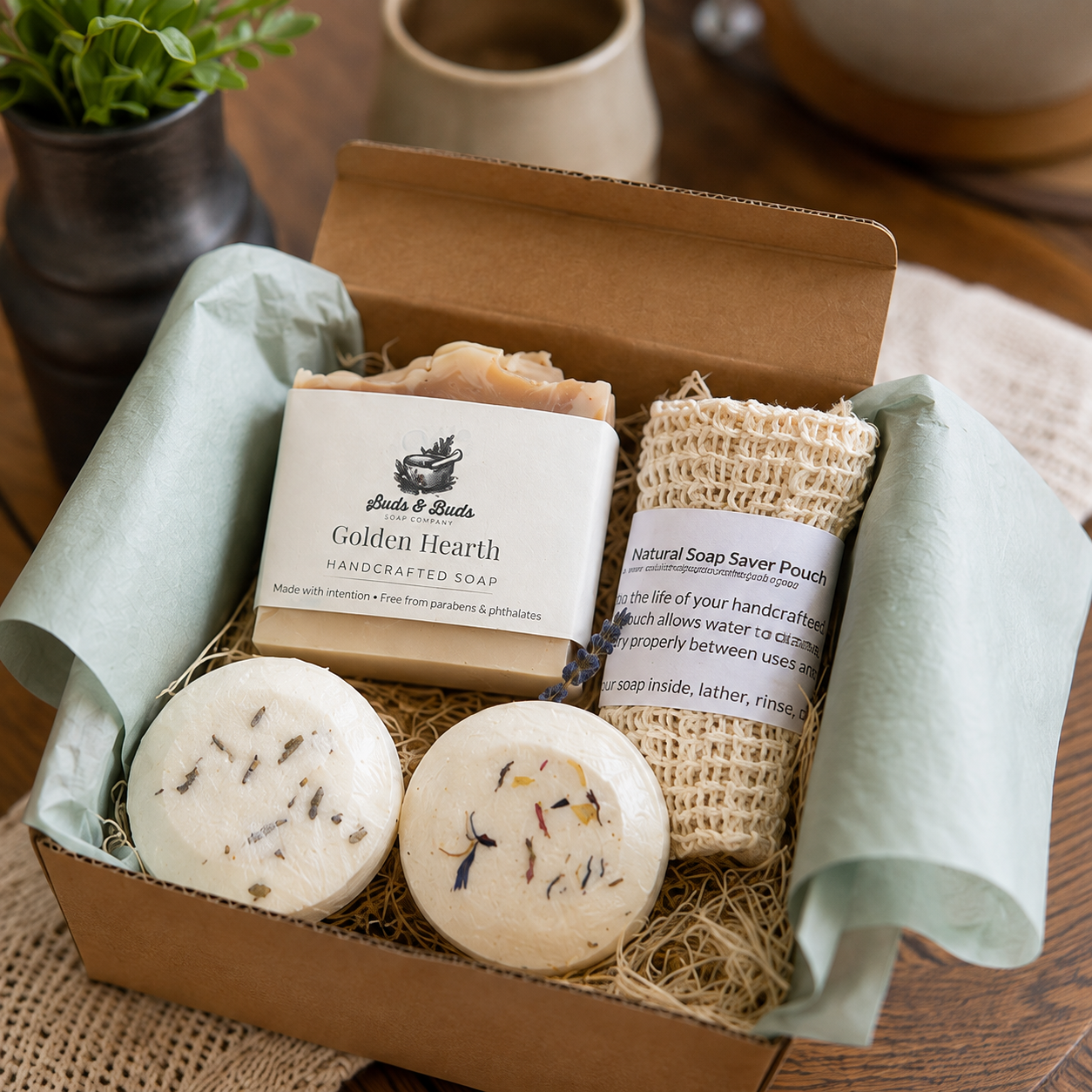 Thoughtful self care gift box with handmade soap, shower steamers and soap saver, packaged and ready to give