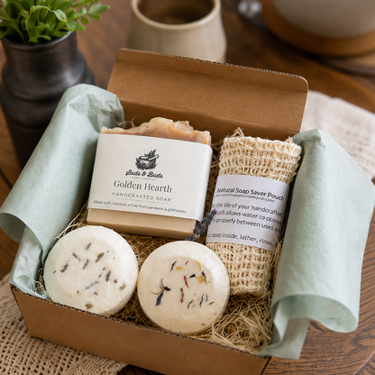 Thoughtful self care gift box with handmade soap, shower steamers and soap saver, packaged and ready to give