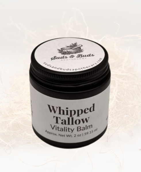 Vitality Whipped Tallow Balm jar – premium grass-fed tallow facial moisturizer with botanical oils for radiant glow and nourished skin