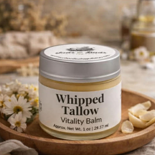 Vitality Whipped Tallow Balm by Suds & Buds Apothecary in its branded moisturizing balm jar.