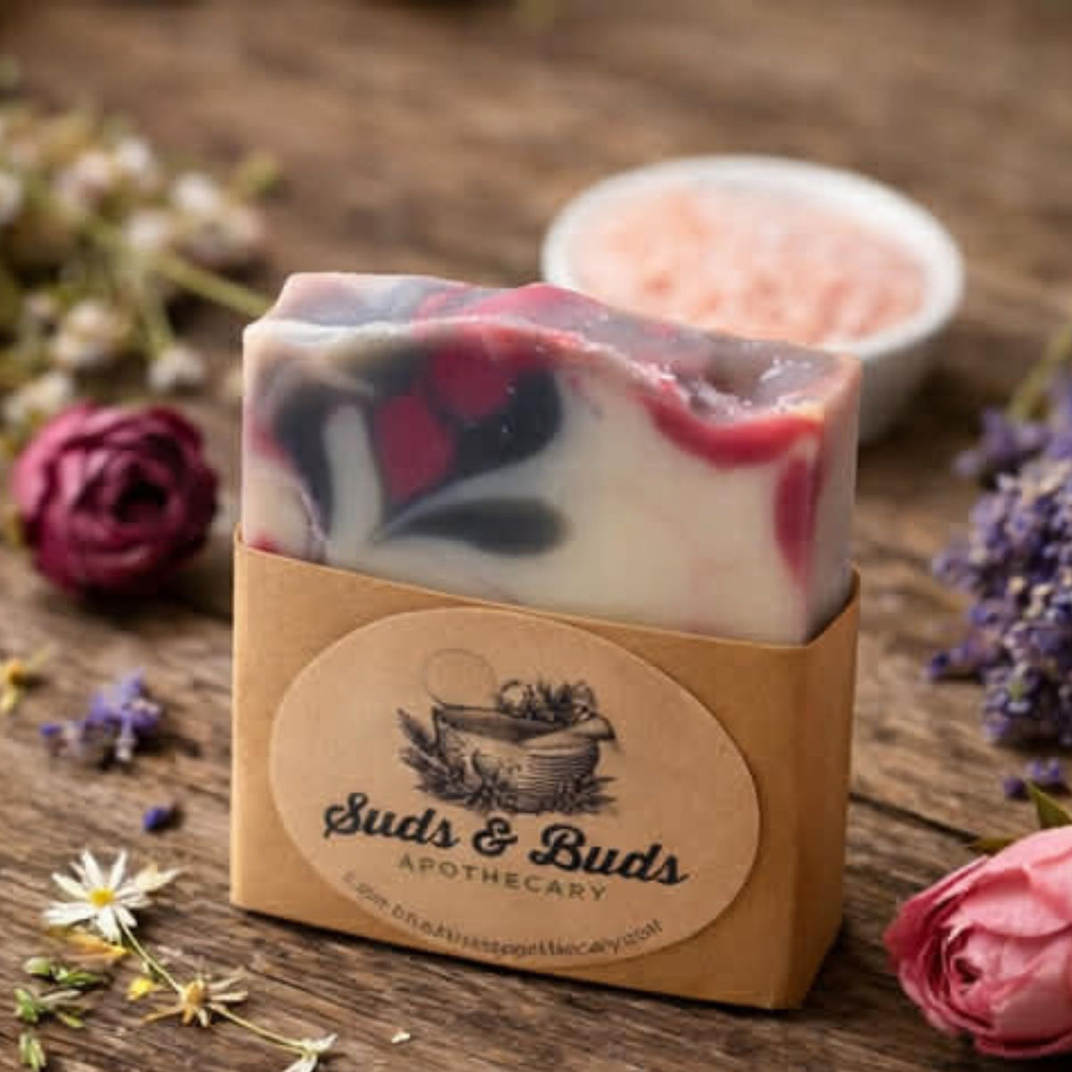 Wildberry handcrafted artisan soap bar by Suds & Buds Apothecary with branded paper packaging.