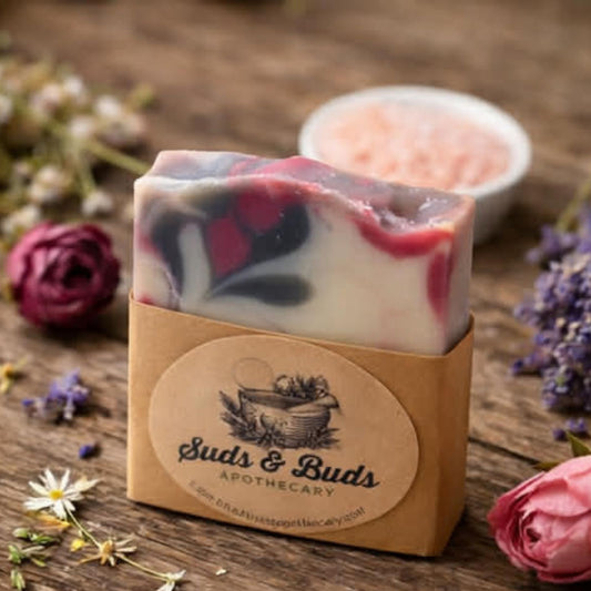 Wildberry handcrafted artisan soap bar by Suds & Buds Apothecary with branded paper packaging.