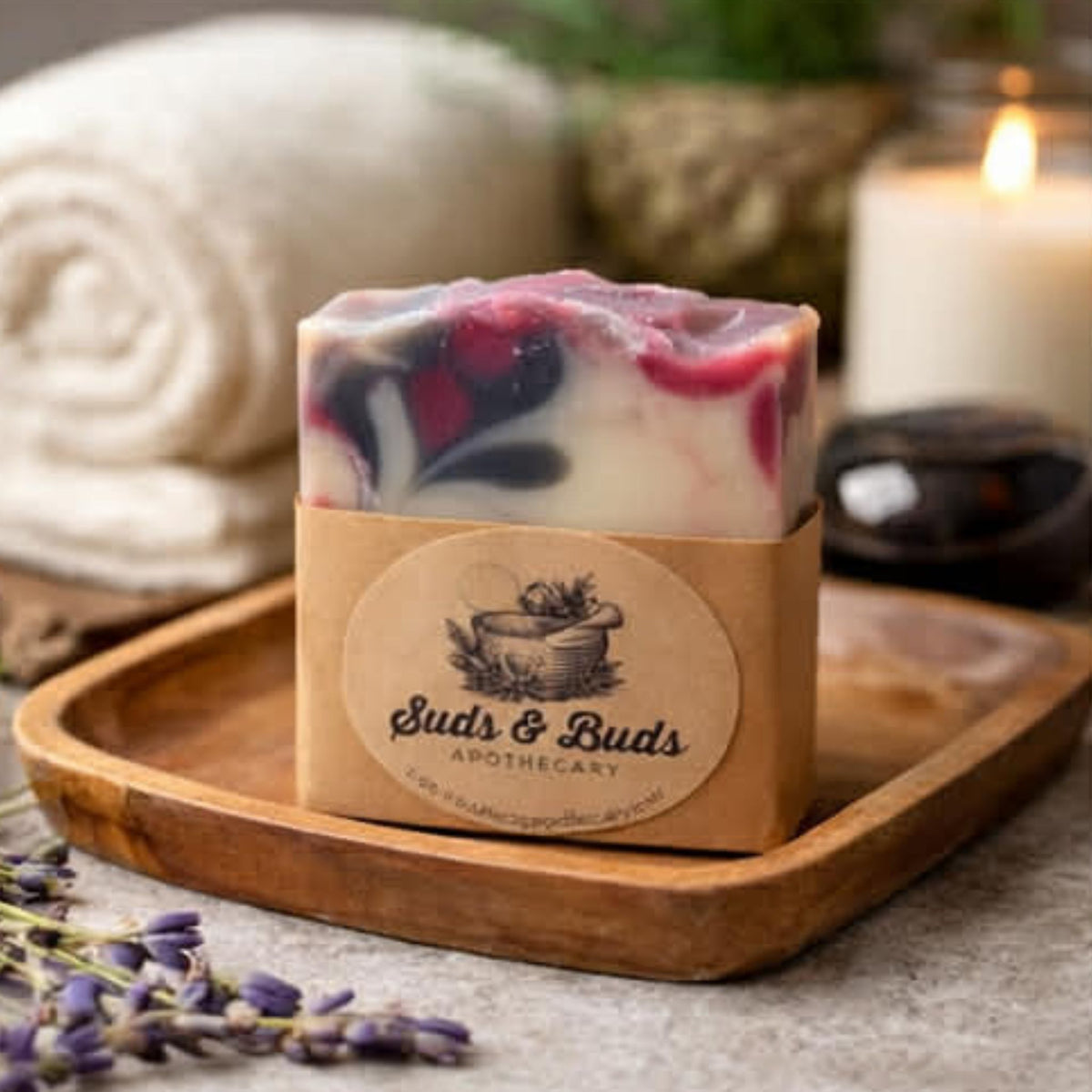 Wildberry artisan soap bar arranged on a neutral fabric background with decorative botanical accents.